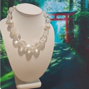 Vintage White Clear Quartz & Pearls Knotted Necklace.